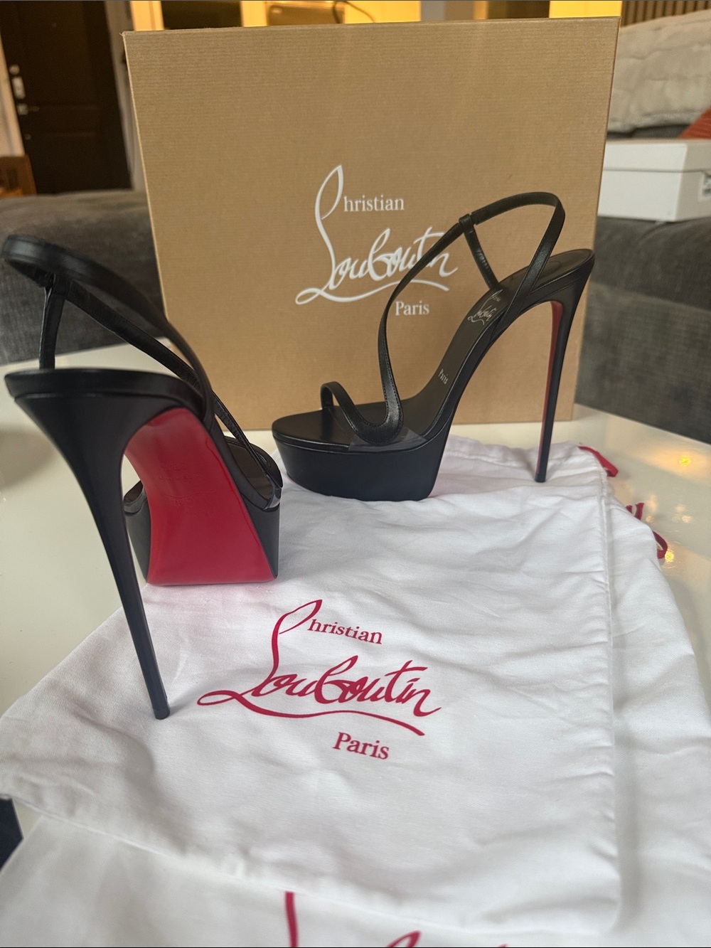 Christian Louboutin Black Patent Platform Slingback Heels with Red Soles
